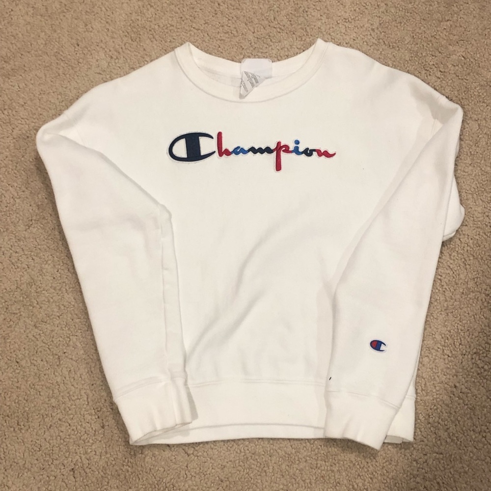 White Champion Crewneck with Multicolored Embroidery size small